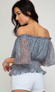 Blue Off The Shoulder Smoked Top