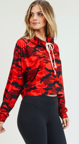 Red Camouflage Cowl Neck Top