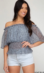 Blue Off The Shoulder Smoked Top