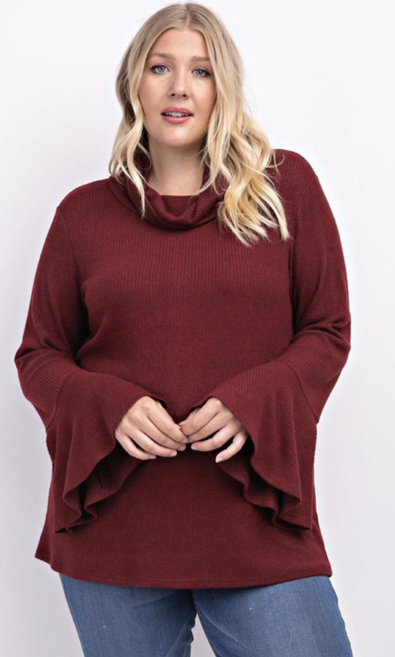 Plus Size Burgundy Bell Sleeve Top